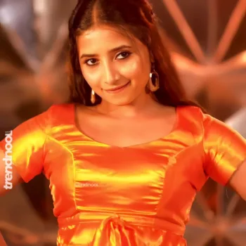 Krishna Shilpa orange satin crop top