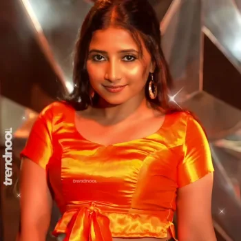 Krishna Shilpa orange satin crop top