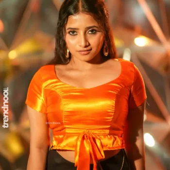 Krishna Shilpa orange satin crop top