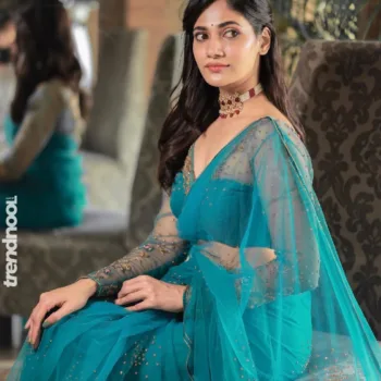 Losliya Mariyanesan Teal Net Saree