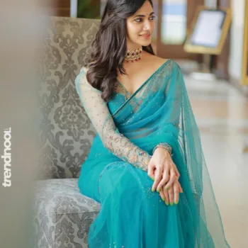 Losliya Mariyanesan Teal Net Saree