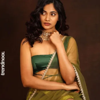 Losliya Mariyanesan olive green organza saree