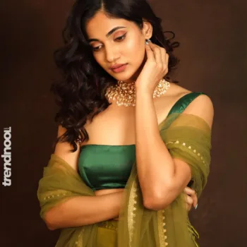 Losliya Mariyanesan olive green organza saree