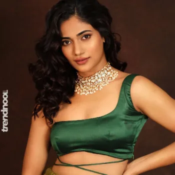 Losliya Mariyanesan olive green organza saree
