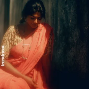 Vinusha Devi coral pink saree