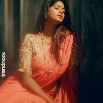 Vinusha Devi coral pink saree