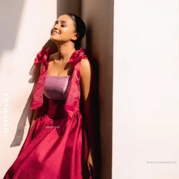 Dinakshie Priyasad pink shoulder-bow gown