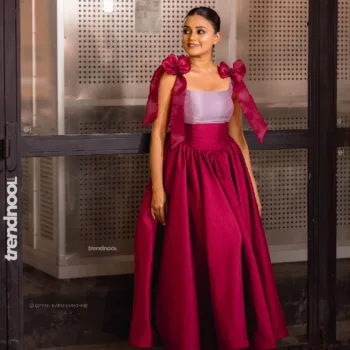 Dinakshie Priyasad pink shoulder-bow gown