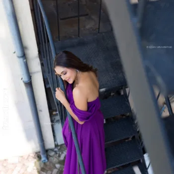 Dinakshie Priyasad purple off-shoulder gown