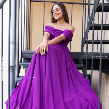 Dinakshie Priyasad purple off-shoulder gown