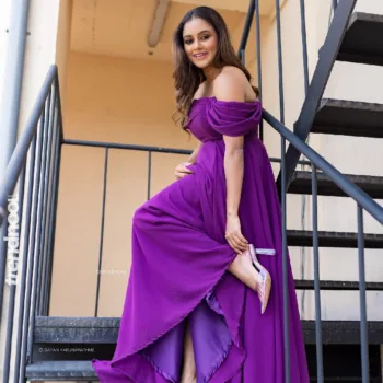 Dinakshie Priyasad purple off-shoulder gown