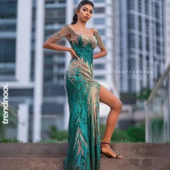 Jeramine Alexander green sequin slit evening gown